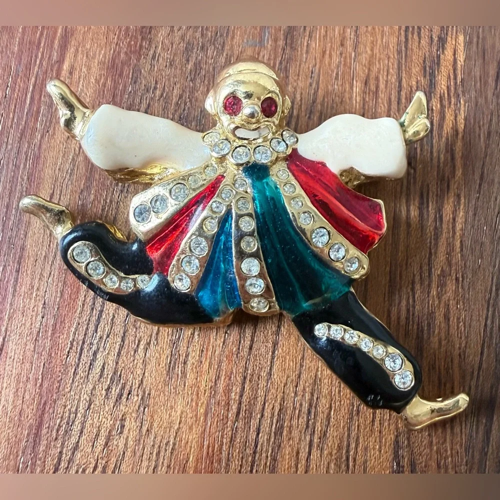 Vintage Gold Tone Rhinestone Enamel and Red Clown Brooch Pin Leaping